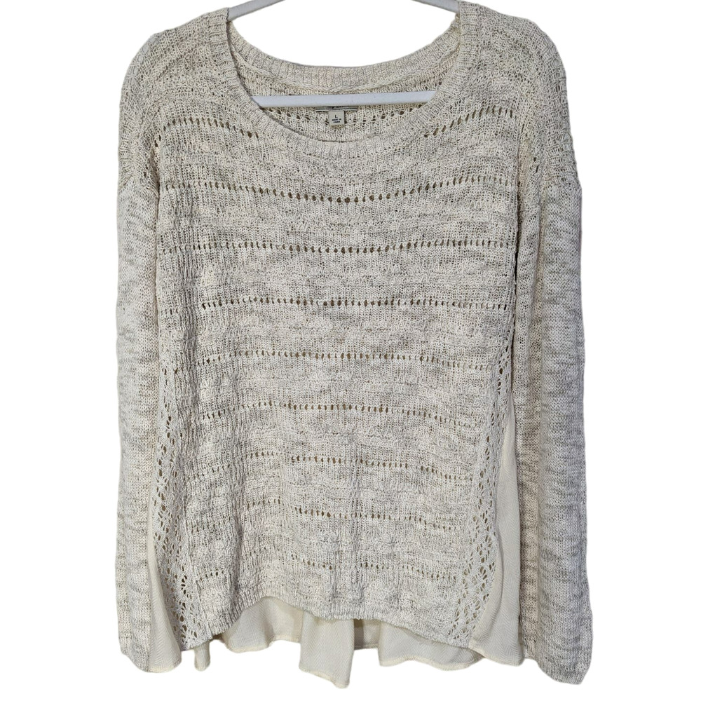 NWOT Lucky Brand Crochet and Knit Chiffon Combo Sweater Cream Women's sz Large